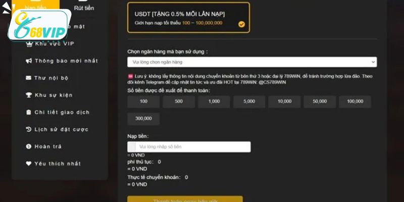 Hướng dẫn thành viên mới nạp tiền tại 68VIP